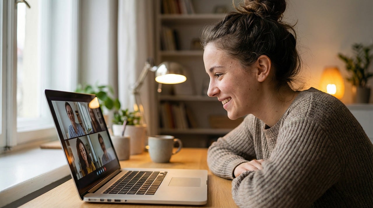 video call, remote work, online meeting, work from home, woman, laptop, virtual meeting, home office, smiling, communication, technology, happy, digital, collaboration, connection, desk, computer, internet, modern lifestyle, young adult, productivity, casual work, indoor environment, ai generated